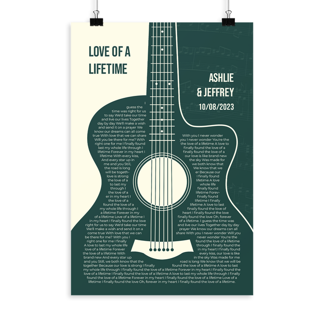 Forest Green Guitar Design, Personalized Song Lyrics Framed Art Print