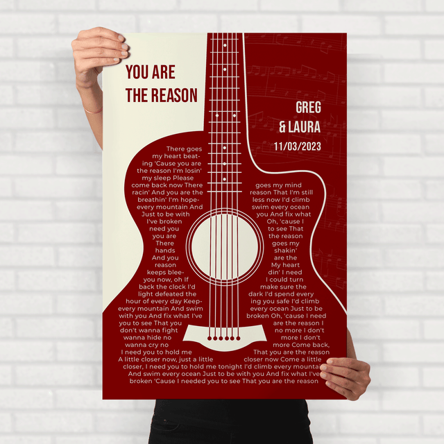 Antique Maroon Retro Guitar Design, Personalized Song Lyrics Framed Art Print