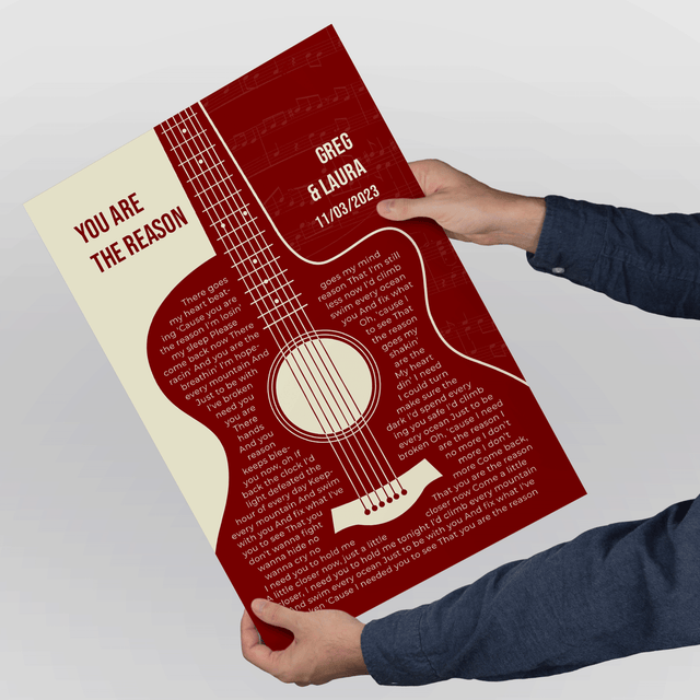 Antique Maroon Retro Guitar Design, Personalized Song Lyrics Framed Art Print