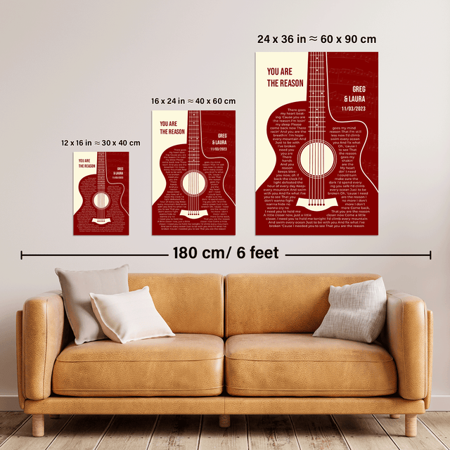 Antique Maroon Retro Guitar Design, Personalized Song Lyrics Framed Art Print