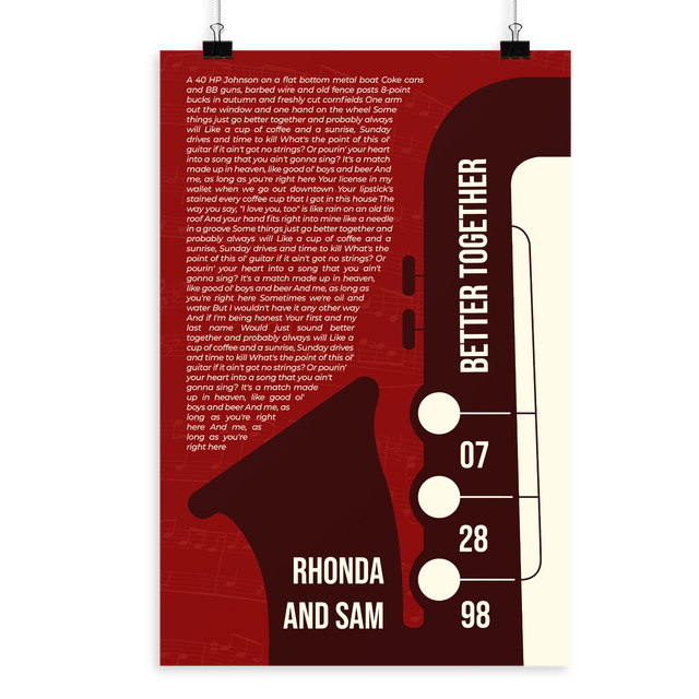 Maroon Saxophone Design Framed Art Print, Custom Song Lyrics