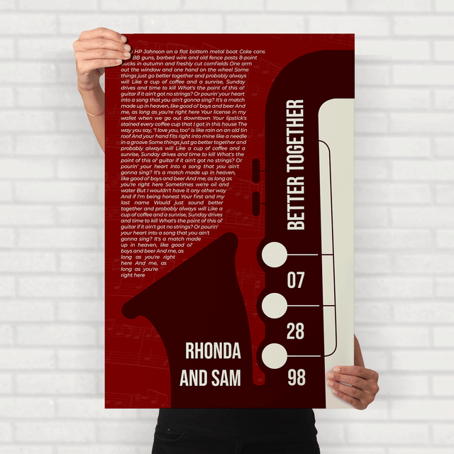 Maroon Saxophone Design Framed Art Print, Custom Song Lyrics