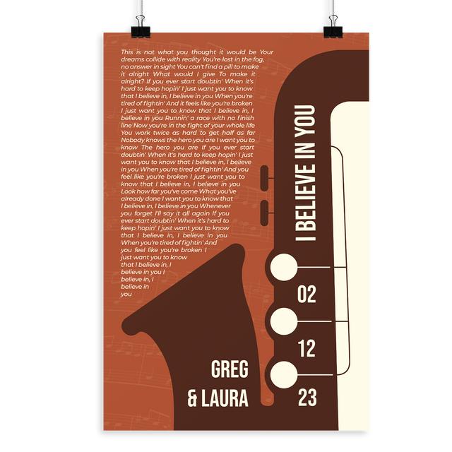 Vintage Orange Saxophone Design Framed Art Print, Custom Song Lyrics