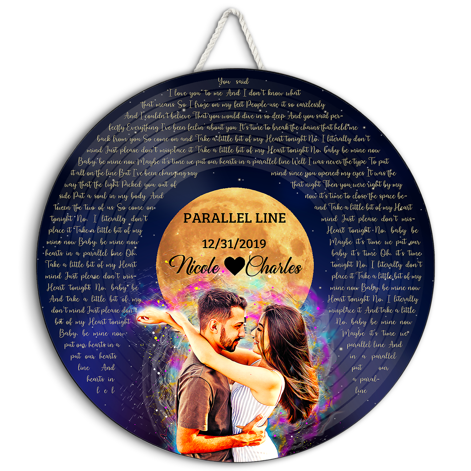 Personalized Song Lyrics and Portrait Round Wood Sign - Star Wave Style