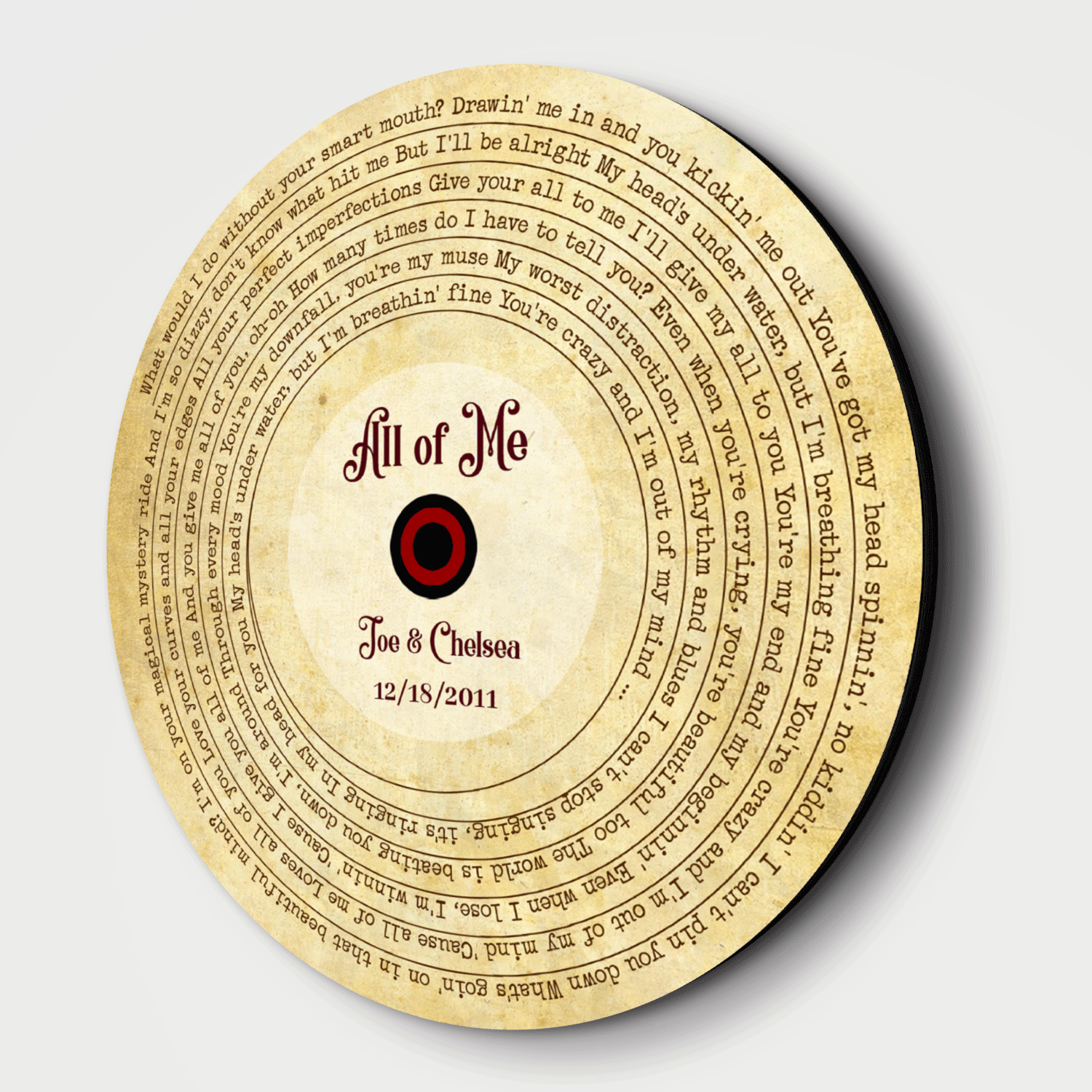 Custom Song Lyrics And Customizable Text, Vinyl Record Art, Round Wood Sign