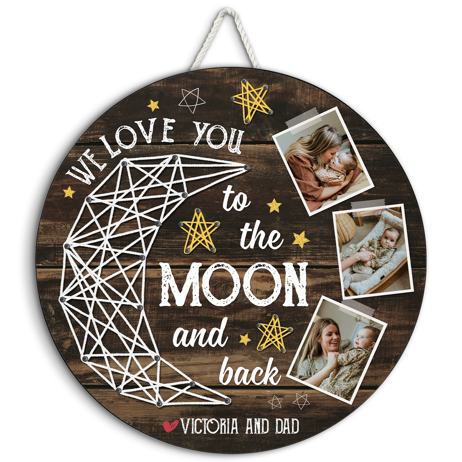Custom Photo Collage, I Love You To The Moon And Back, Round Wood Sign