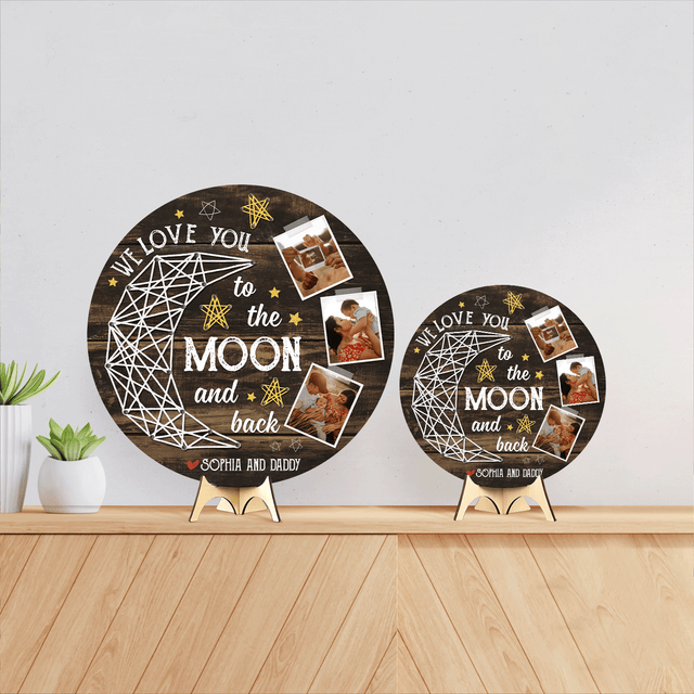 Custom Photo Collage, I Love You To The Moon And Back, Round Wood Sign