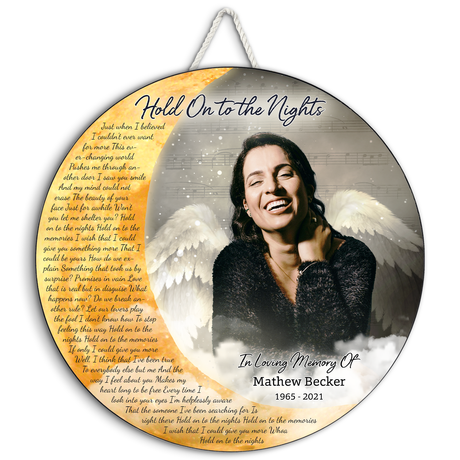 Photo Memorial with Angel Wings and Coulds, Custom Song Lyrics Round Wood Sign