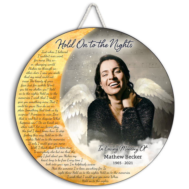 Photo Memorial with Angel Wings and Coulds, Custom Song Lyrics Round Wood Sign