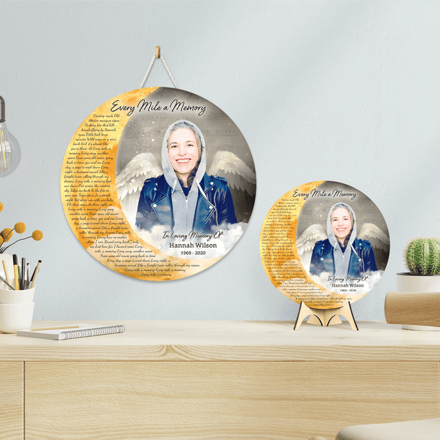 Photo Memorial with Angel Wings and Coulds, Custom Song Lyrics Round Wood Sign