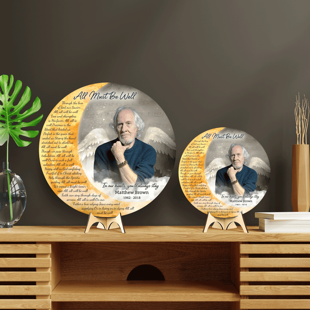 Photo Memorial with Angel Wings and Coulds, Custom Song Lyrics Round Wood Sign