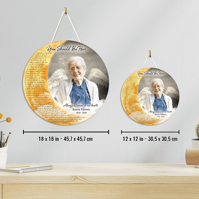 Photo Memorial with Angel Wings and Coulds, Custom Song Lyrics Round Wood Sign