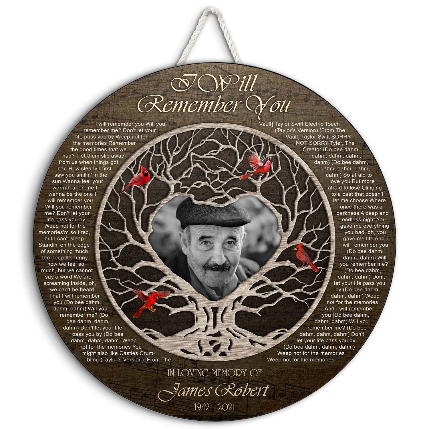 Family Tree Cardinal Memorial Round Sign, Custom Song Lyrics and Photo