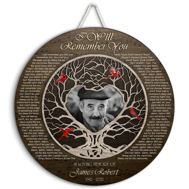 Family Tree Cardinal Memorial Round Sign, Custom Song Lyrics and Photo