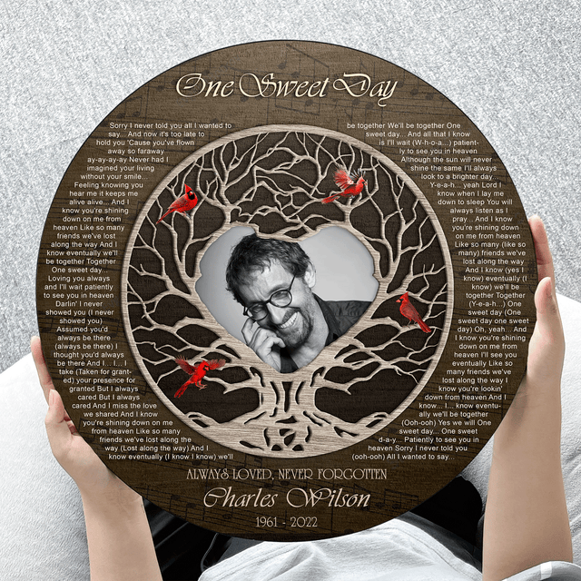 Family Tree Cardinal Memorial Round Sign, Custom Song Lyrics and Photo