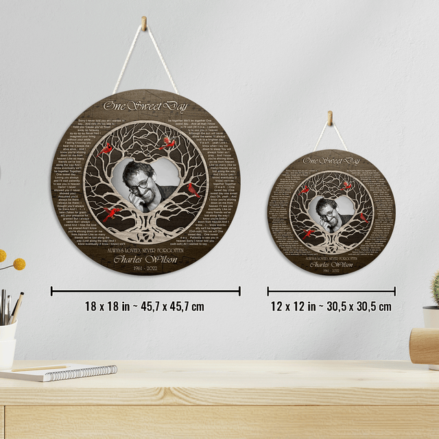 Family Tree Cardinal Memorial Round Sign, Custom Song Lyrics and Photo