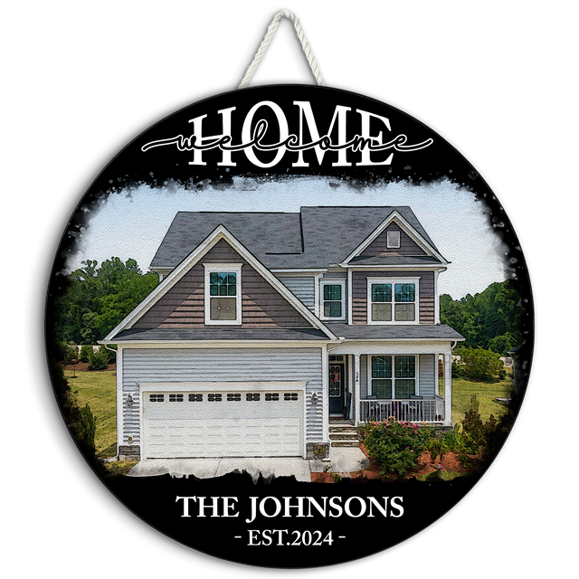 Custom House Portrait Round Wooden Sign, Housewarming Gifts