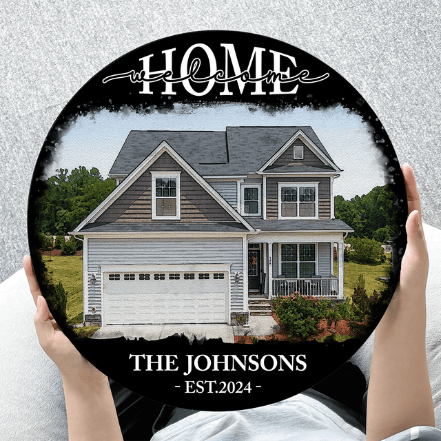 Custom House Portrait Round Wooden Sign, Housewarming Gifts