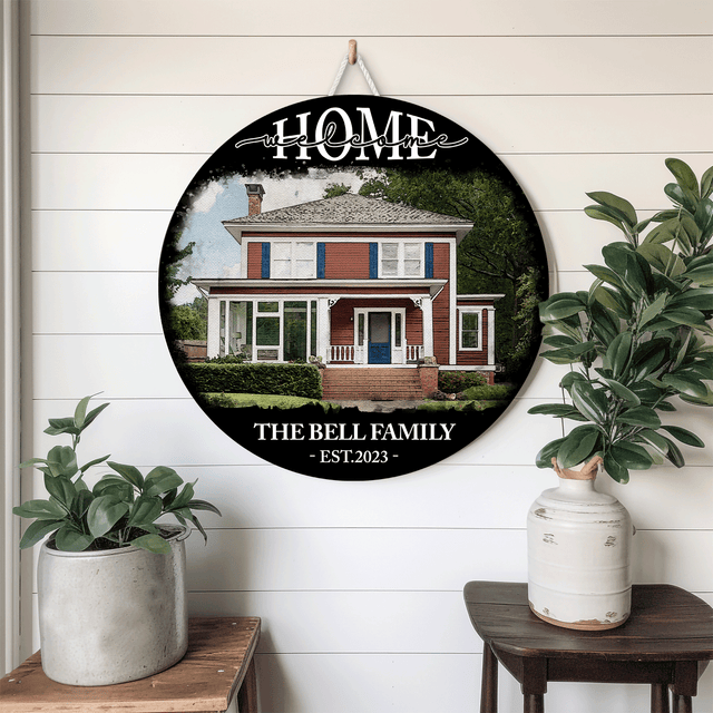 Custom House Portrait Round Wooden Sign, Housewarming Gifts