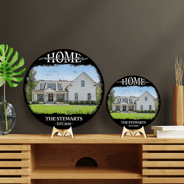 Custom House Portrait Round Wooden Sign, Housewarming Gifts