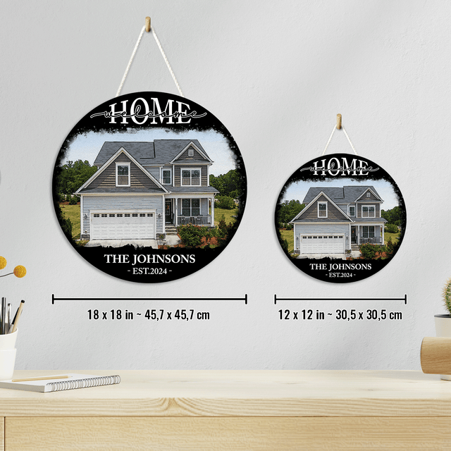 Custom House Portrait Round Wooden Sign, Housewarming Gifts