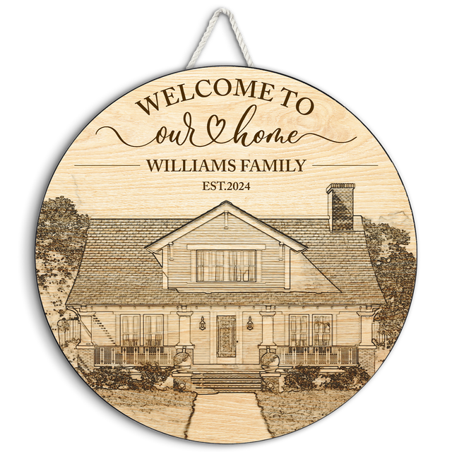 House Portrait Engraved on Round Wooden Sign, House Sketch Style