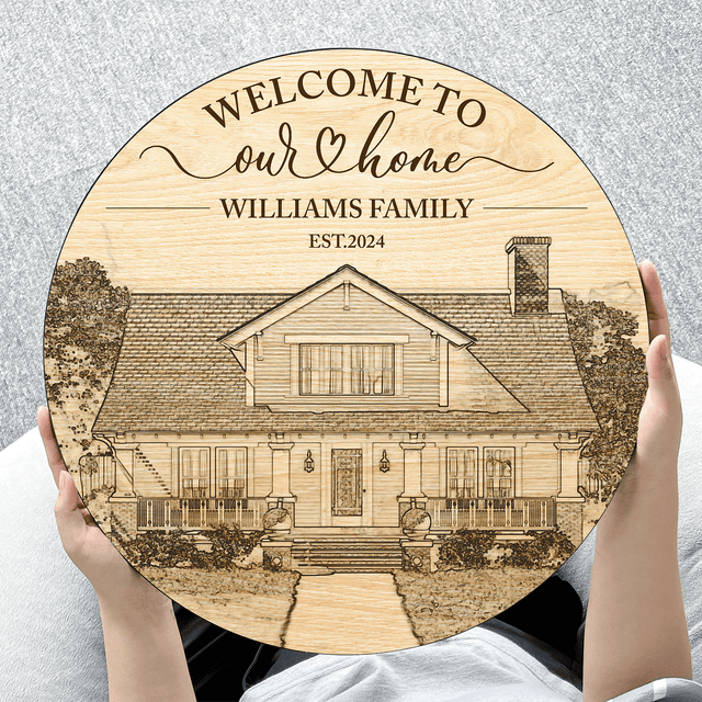House Portrait Engraved on Round Wooden Sign, House Sketch Style