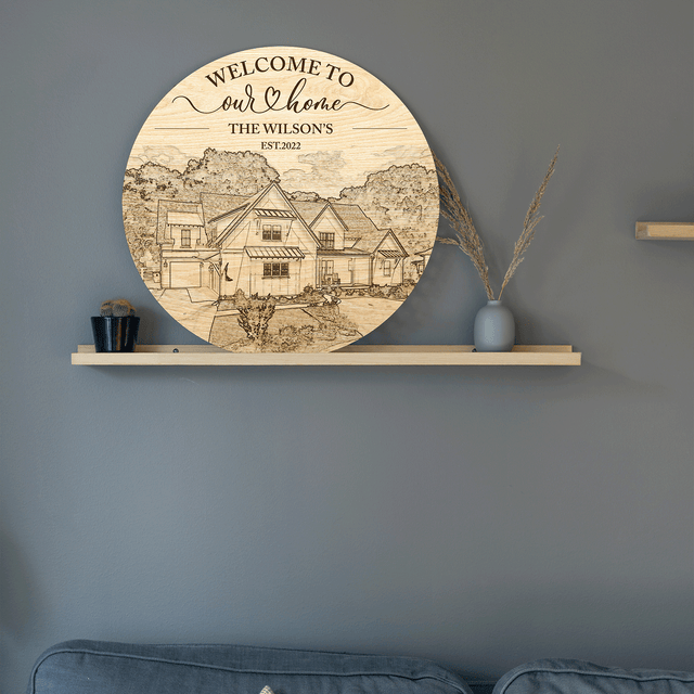 House Portrait Engraved on Round Wooden Sign, House Sketch Style