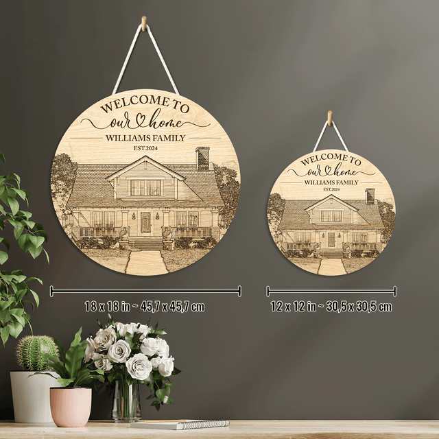 House Portrait Engraved on Round Wooden Sign, House Sketch Style