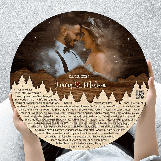 Personalized Couple Portrait & Lyrics Round Wood Sign