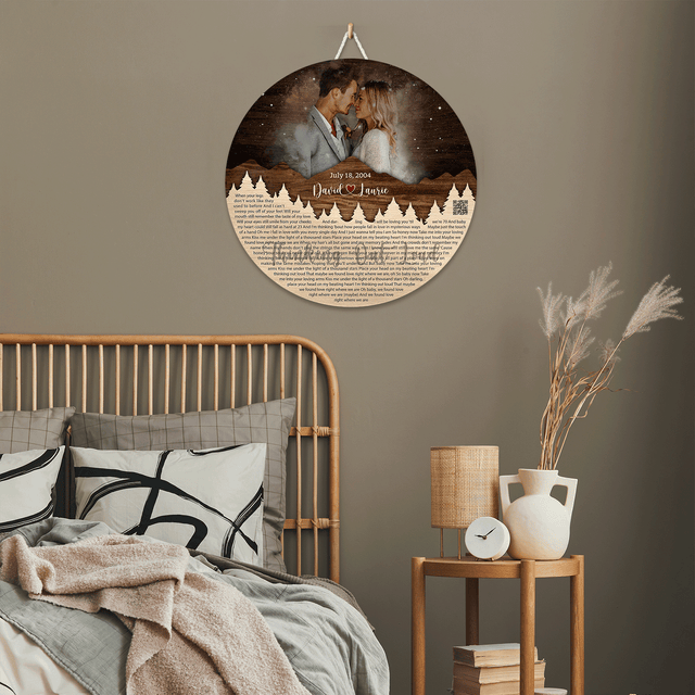 Personalized Couple Portrait & Lyrics Round Wood Sign