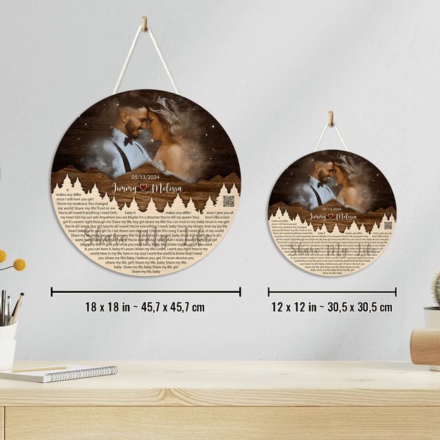 Personalized Couple Portrait & Lyrics Round Wood Sign
