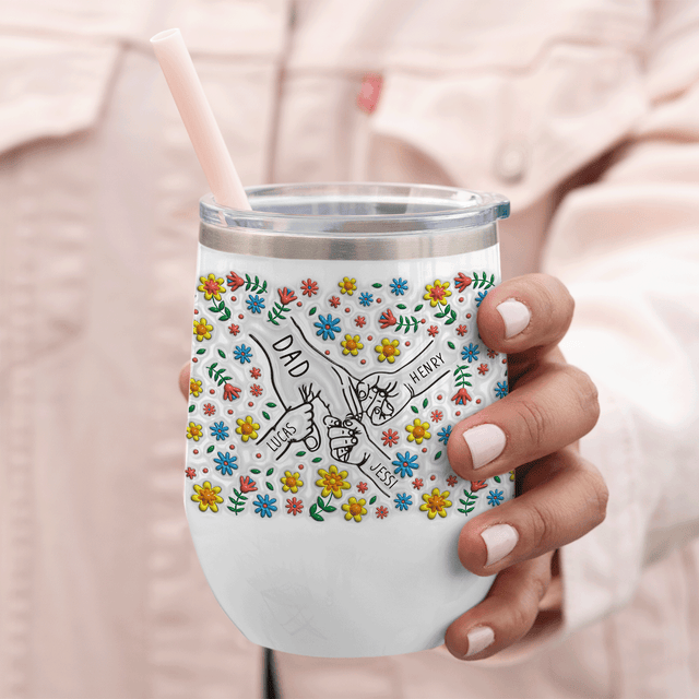 Dad and Kids Holding Hand Flower Wine Tumbler