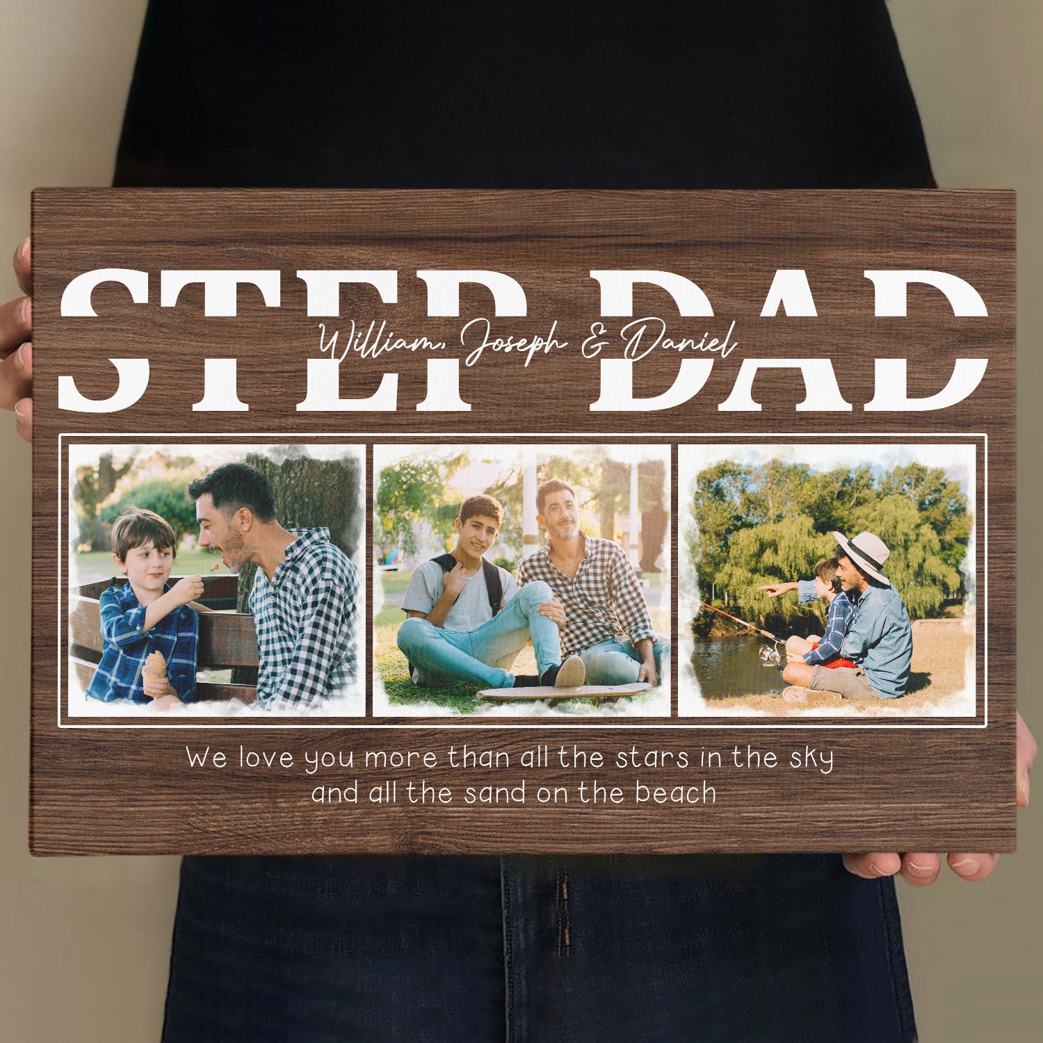 Step Dad Wood Background Canvas, Custom Name Photo Text
