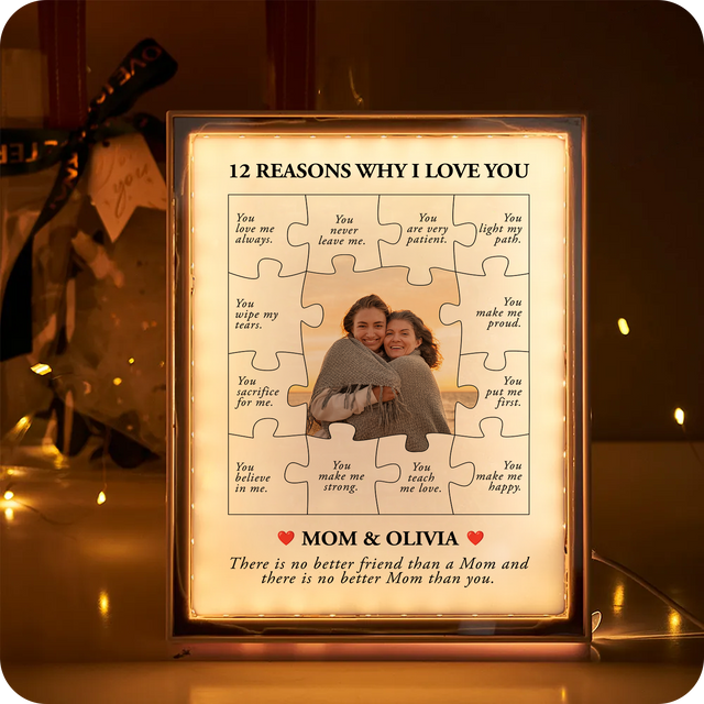 Custom LED Mirror Frame Lamp – 12 Reasons Why I Love You Puzzle Design for Mom