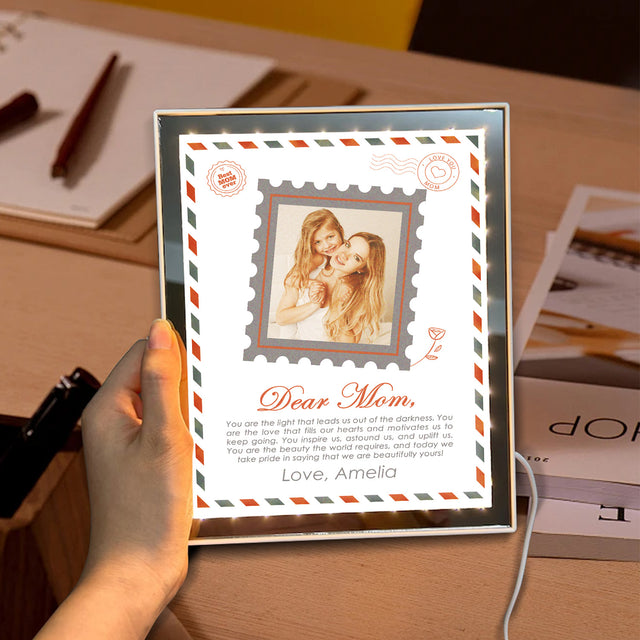Custom LED Mirror Frame Lamp – Letter to Mom with Photo & Name