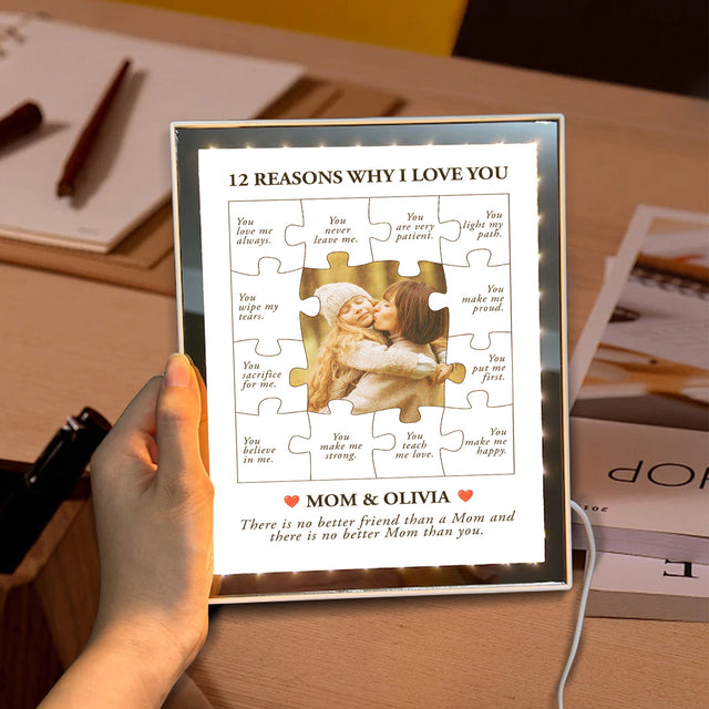 Custom LED Mirror Frame Lamp – 12 Reasons Why I Love You Puzzle Design for Mom