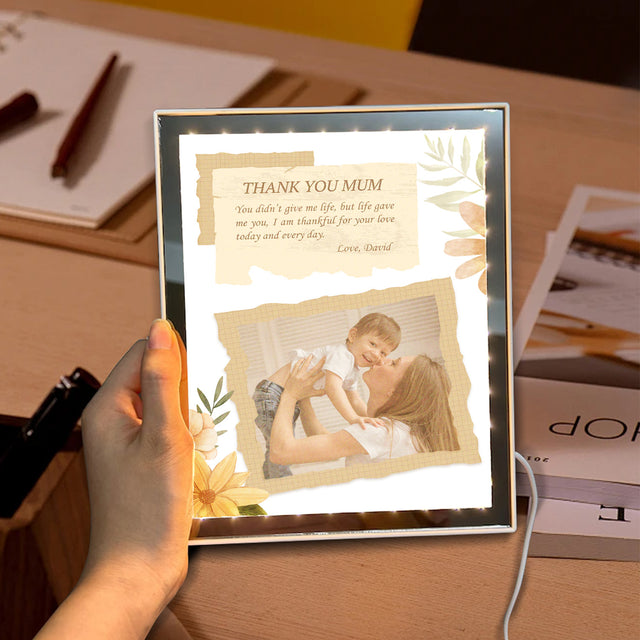 Custom LED Mirror Frame Lamp – Thank You Mum with Photo & Heartfelt Message