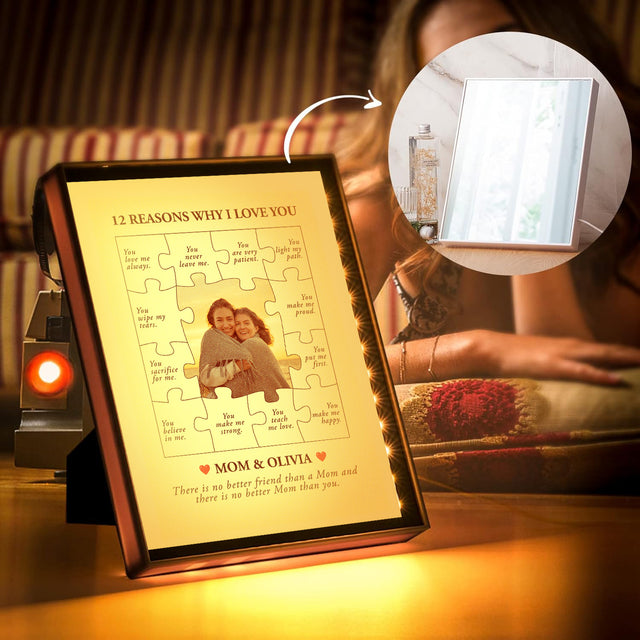 Custom LED Mirror Frame Lamp – 12 Reasons Why I Love You Puzzle Design for Mom