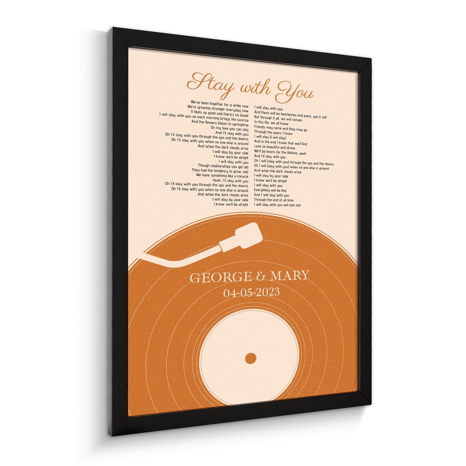 Pastel Sand Vinyl Record Framed Art Print, Custom Song Lyrics & Photo