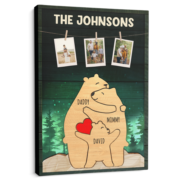 Personalized Bear Galaxy Canvas, Bear Family Puzzle Style, Custom Family Name