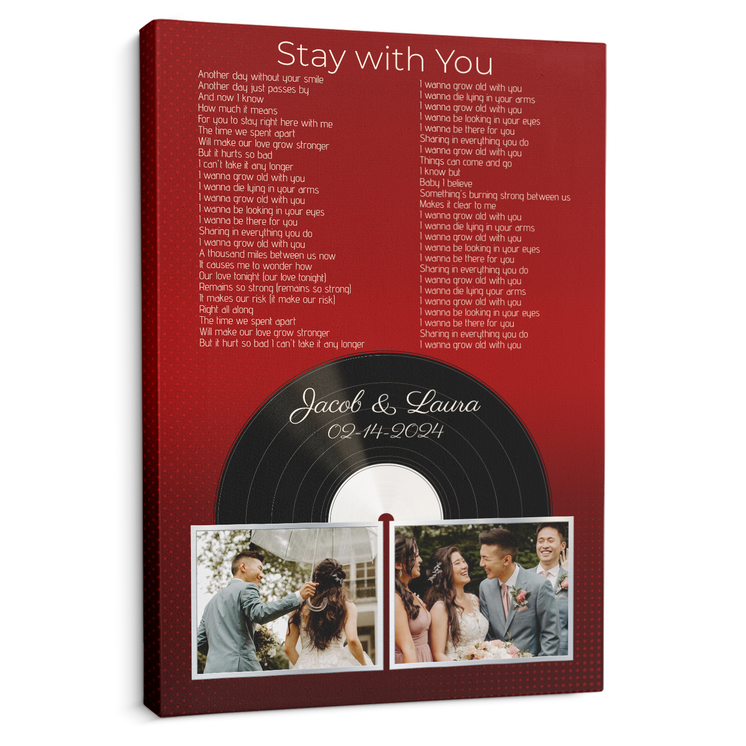 Personalized 2-Photo Song Lyrics Vintage Maroon Canvas Print