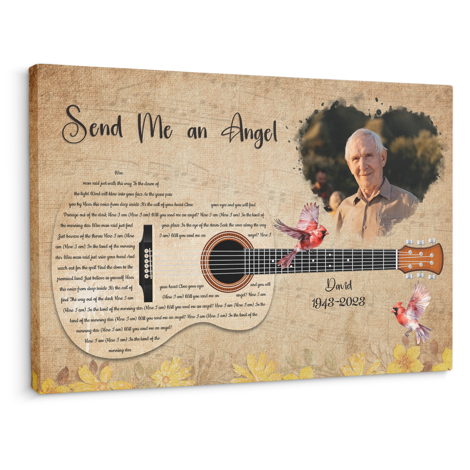 Personalized Memorial Canvas with Guitar & Cardinal, Music On Canvas