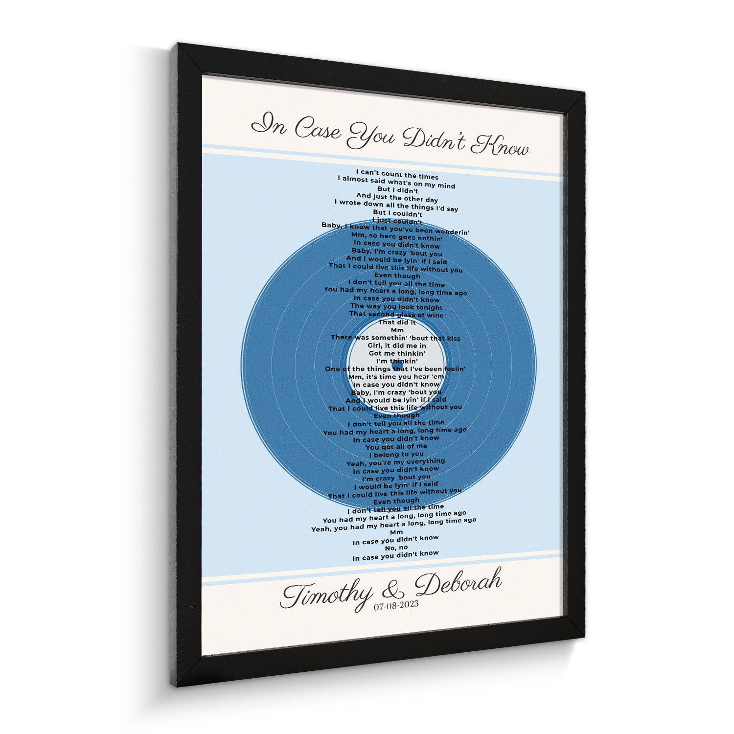 Personalized Frame Song Lyrics With Date, Ice Blue Vinyl Record Framed Art Print