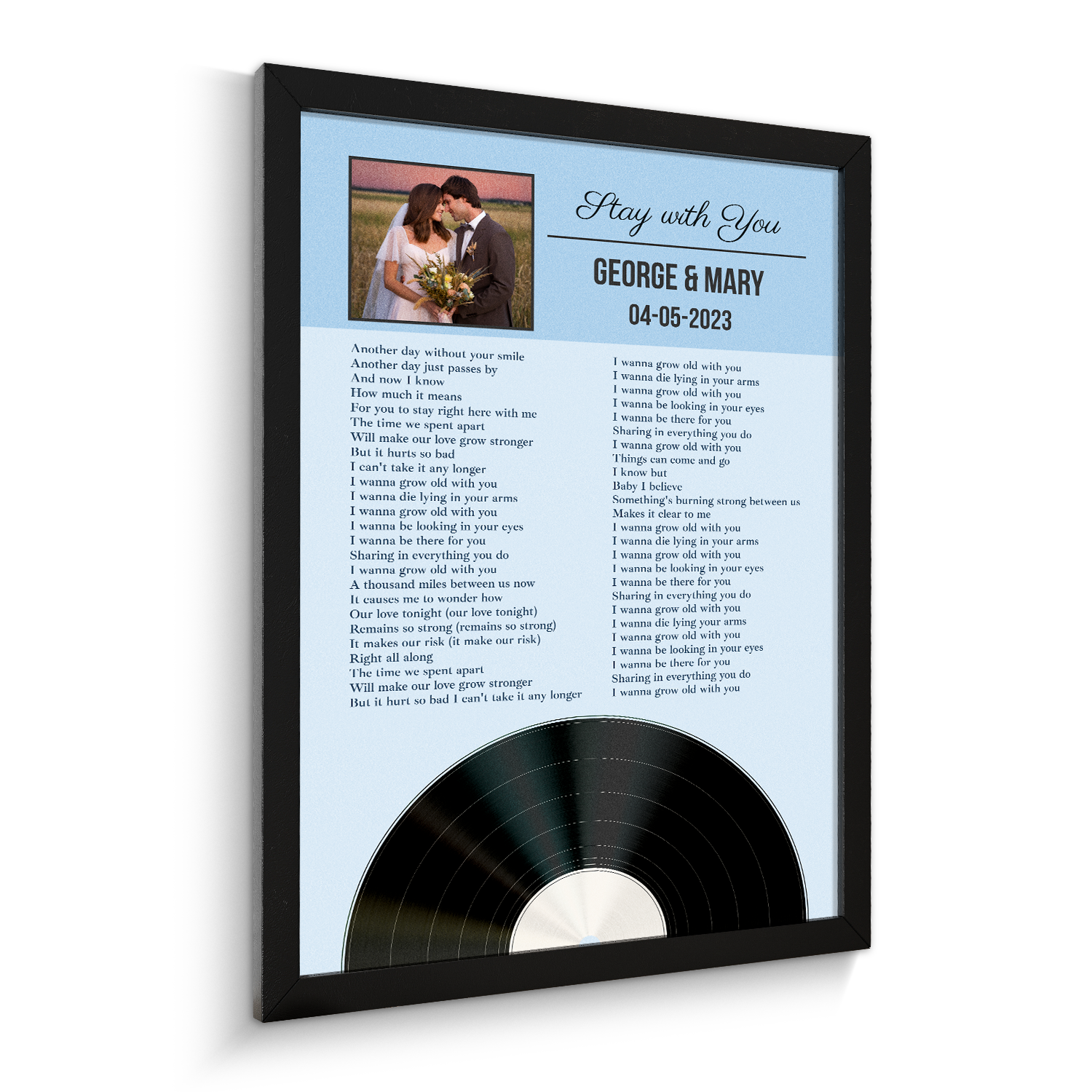 Personalized Favorite Song Lyrics, Ice Blue Framed Art Print with Your Own Photo