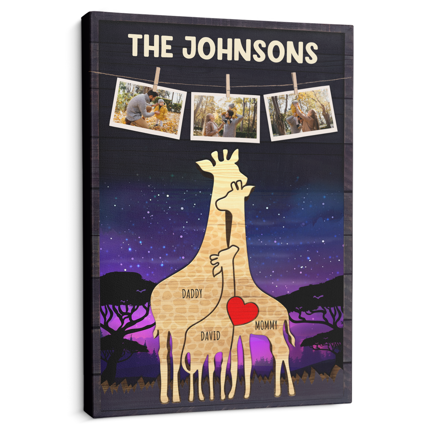Personalized Giraffe Galaxy Canvas, Giraffe Family Puzzle Style, Custom Family Name