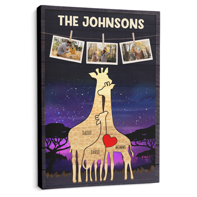 Personalized Giraffe Galaxy Canvas, Giraffe Family Puzzle Style, Custom Family Name