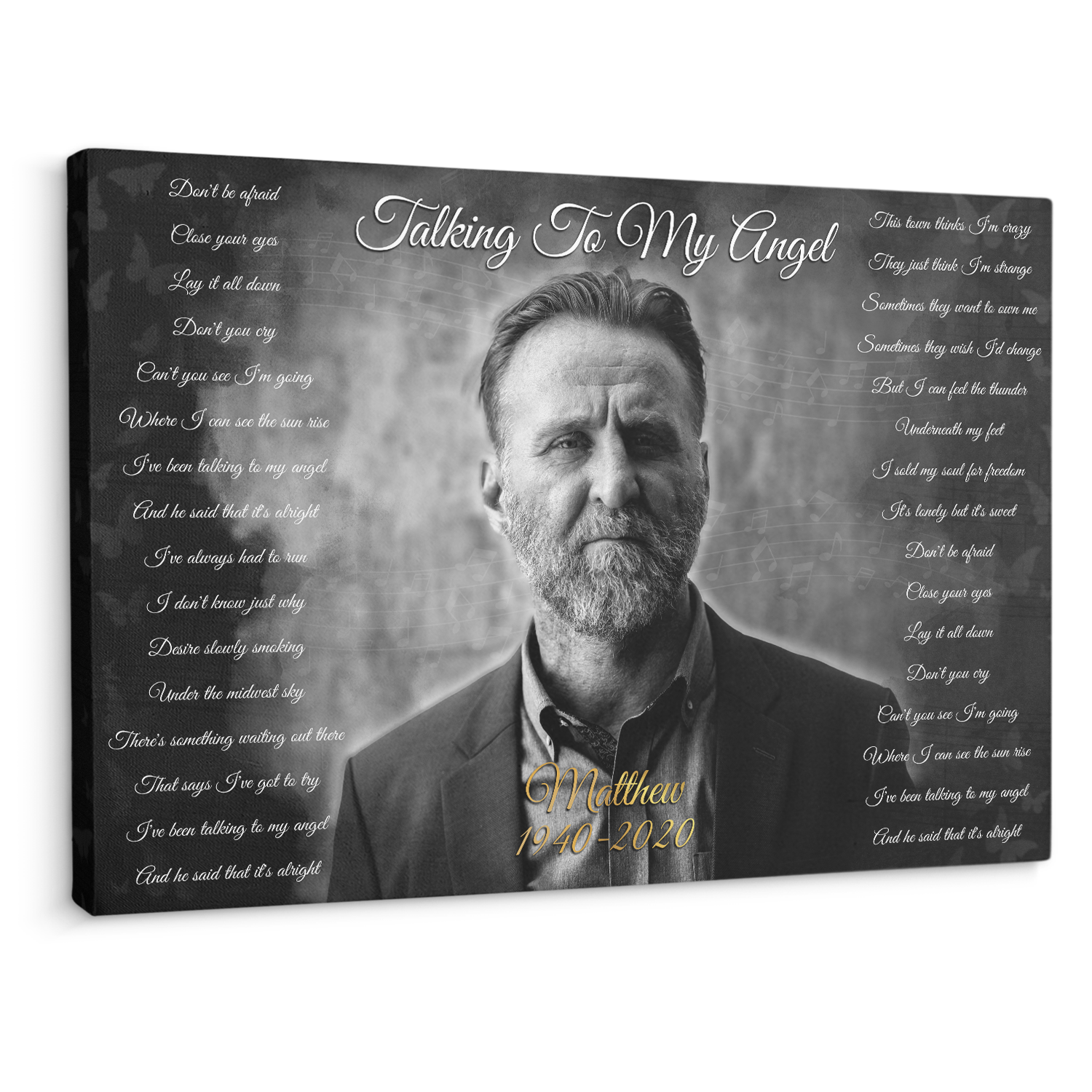 Black & White Memorial Canvas with Custom Photo & Lyrics