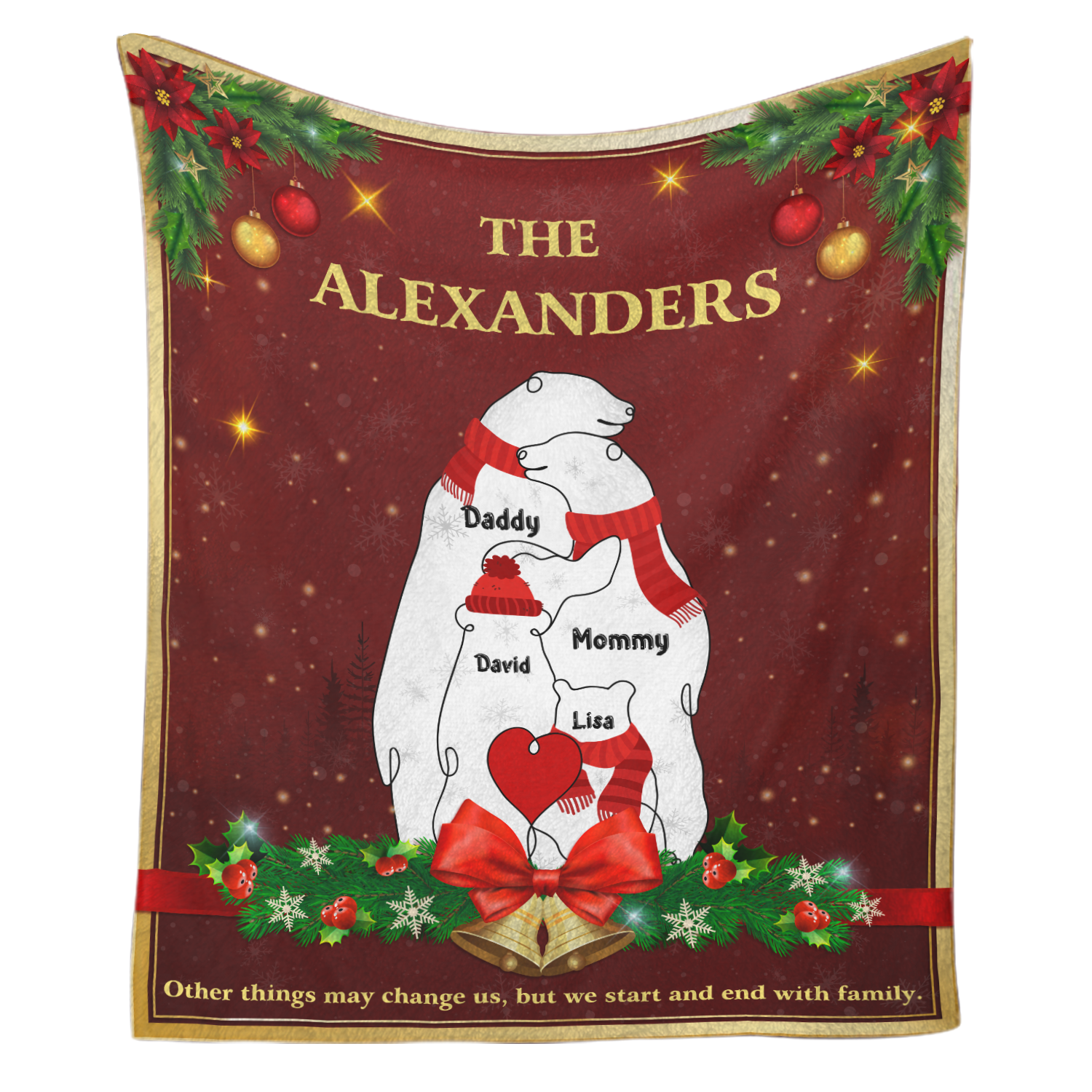 Christmas Polar Bear Custom Name Blanket, One Line Art Style