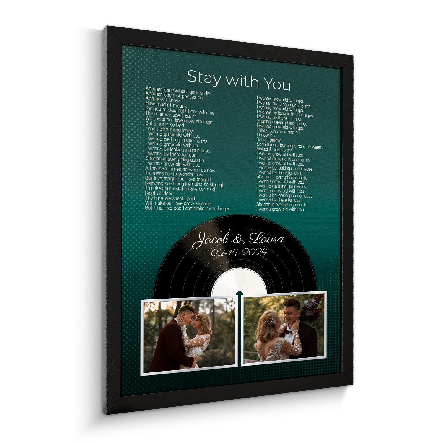 Personalized Photo Song Lyrics & Name, Retro Green Vinyl Record Framed Art Print